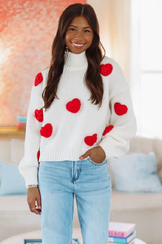 Women's Casual Attire Last Chance Sale Big Hearts Sweater - White and Red