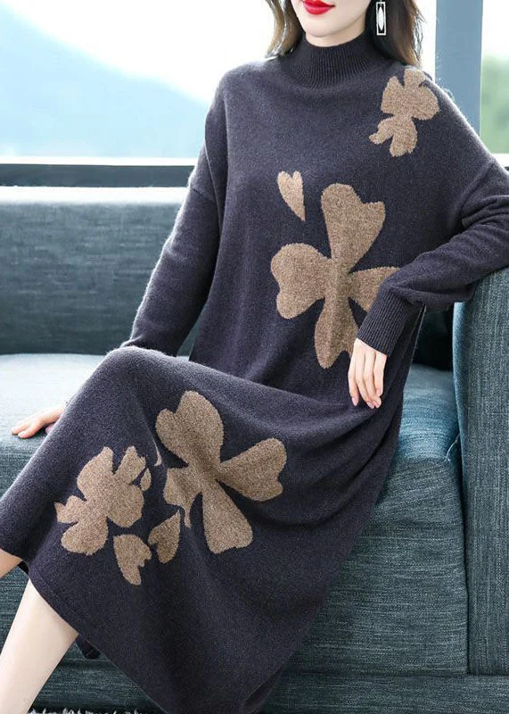 Women's Comfy Loungewear Outfit Spring Fashion DIY Purple Stand Collar Embroideried Knit Cashmere Sweater Dress Long Sleeve