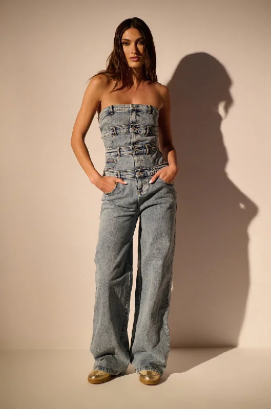 Women's Luxury Garments Vintage Retro Party Wear DENIM DENIM DENIM LAYERED JUMPSUIT