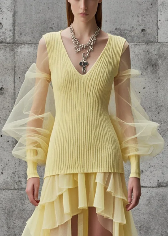 Women's Casual Apparel Chic & Cozy Apparel Yellow Patchwork Tulle Sweater Dress Low High Design Fall