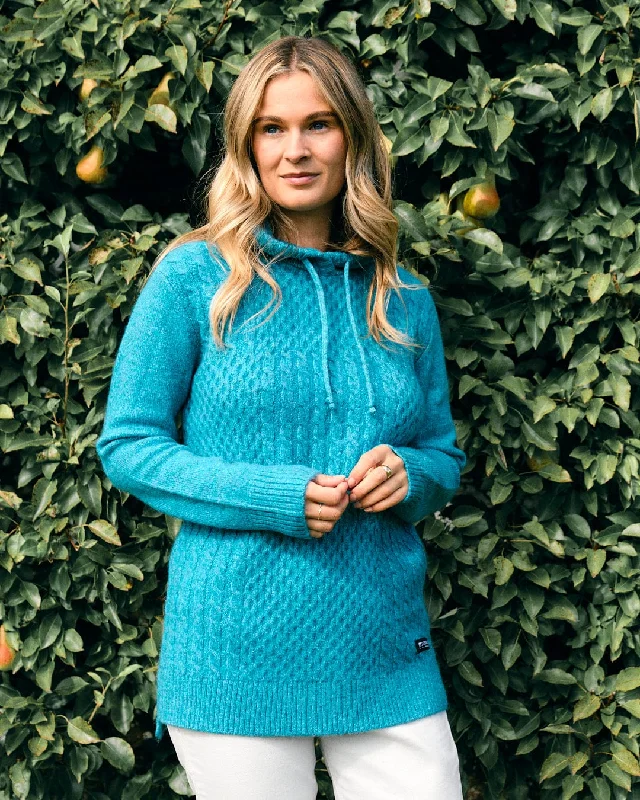 Elegant Women's Evening Garments Classic Appeal Hele Bay - Womens Longline Knitted Hoodie - Blue