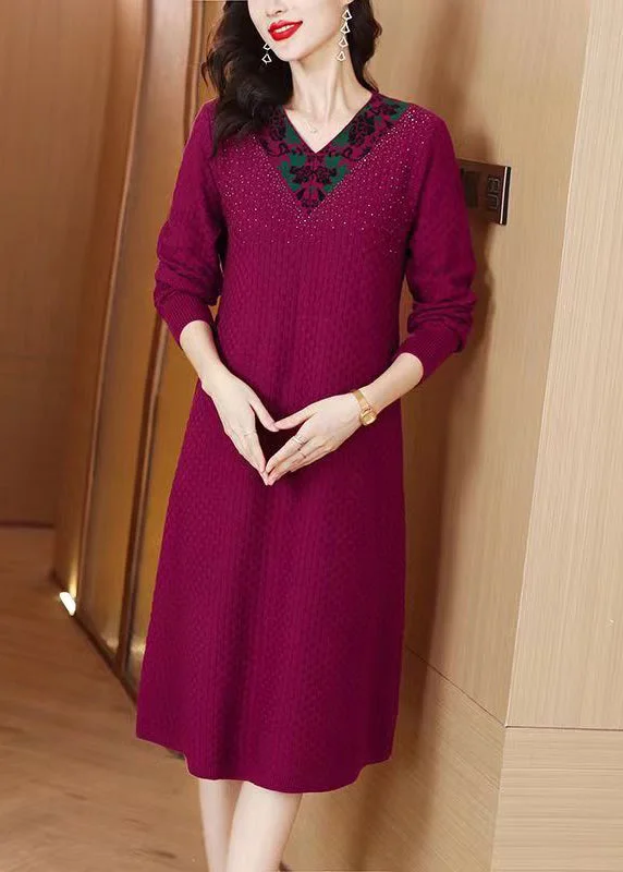 Women's Athletic Apparel Hot Trends French Dark Purple V Neck Zircon Knit Sweater Dress Winter