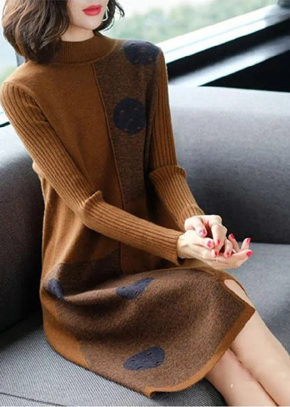 Women's Relaxed Outfit Summer Essentials Fashion Chocolate High Neck Asymmetrical Design Knit Sweater Dress Long Sleeve