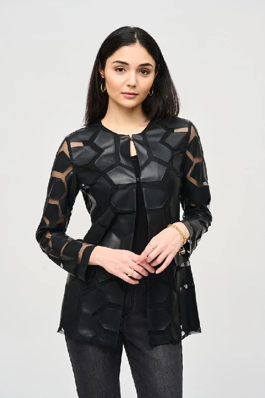 Sustainable Women's Apparel Effortless Style, Endless Impact Joseph Ribkoff Black On Black Laser-Cut Leatherette on Mesh Jacket