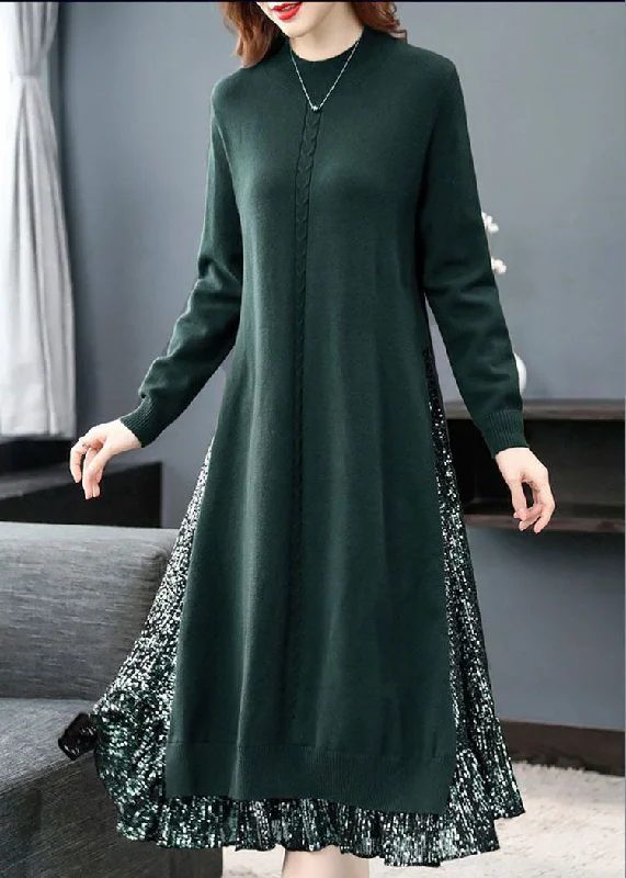 Women's Casual Outfit Exclusive Discount Green Patchwork Fake Two Piece Knitwear Dress Stand Collar Side Open Long Sleeve