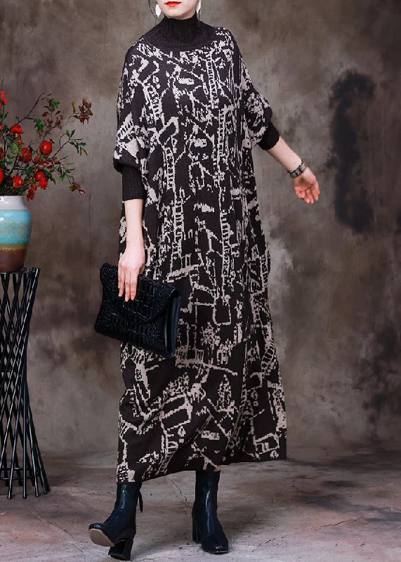 Women's Work Outfit Anniversary Sale Beautiful Black Turtleneck Print Knit Patchwork Long Dress Long Sleeve