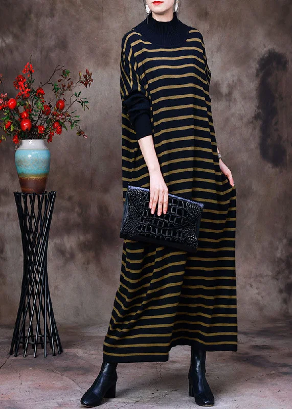 Women's Clothing For Holiday Travel Limited - Stock French Black Yellow Striped Turtle Neck Knit Long Dress Batwing Sleeve