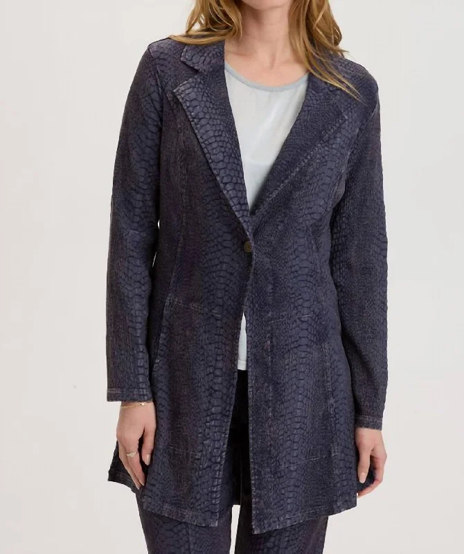 Modern Women's Outfit Save On Inspired Styles Rhodora Long Blazer In Distress Wash Mariner