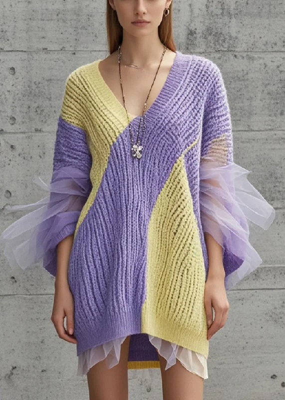 Women's Loungewear Clothes Exquisite Craftsmanship Purple Patchwork Tulle Sweater Dress V Neck Fall