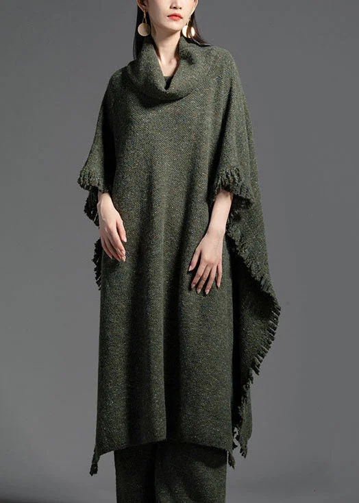 Elegant Women's Attire Casual Chic Plus Size Green Turtle Neck Side Open Wool Knit Dress Winter