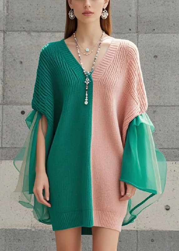 Modern Women's Clothes Luxury Comfort Fashion Colorblock Asymmetrical Patchwork Tulle Knit Dress Fall