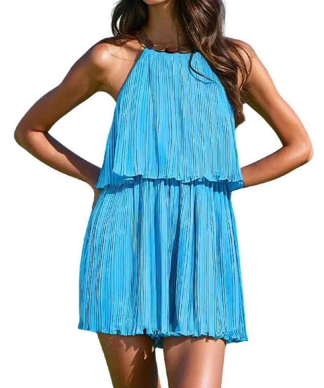 Women's Cozy Winter Attire Casual Elegance Blake Embellished Halter Pleated Romper In Turquoise