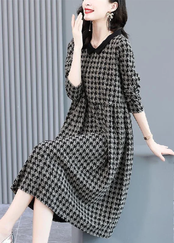 Women's Activewear Outfit Best-Sellers Original Design Black Peter Pan Collar Plaid Knit Sweater Dress Long Sleeve