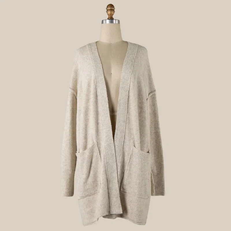 Women's Chic Apparel Find Your Unique Flair Outline Soft Ribbed Cardigan (Cream + Oatmeal)