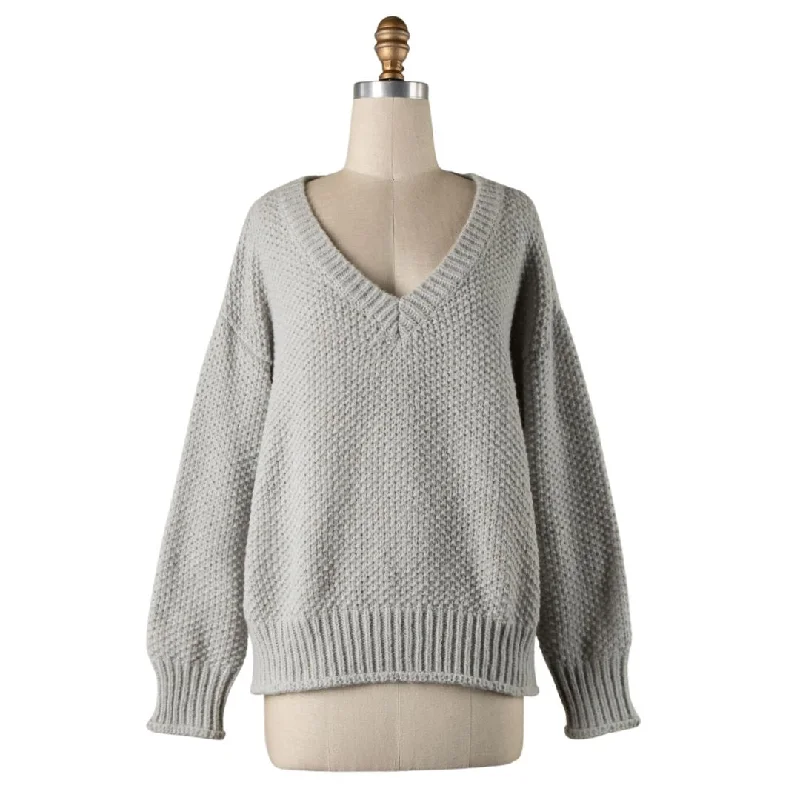 Women's Stylish Casual Garments Evening Elegance V-Neck Puff Sleeve Cable Knit Sweater (Grey)