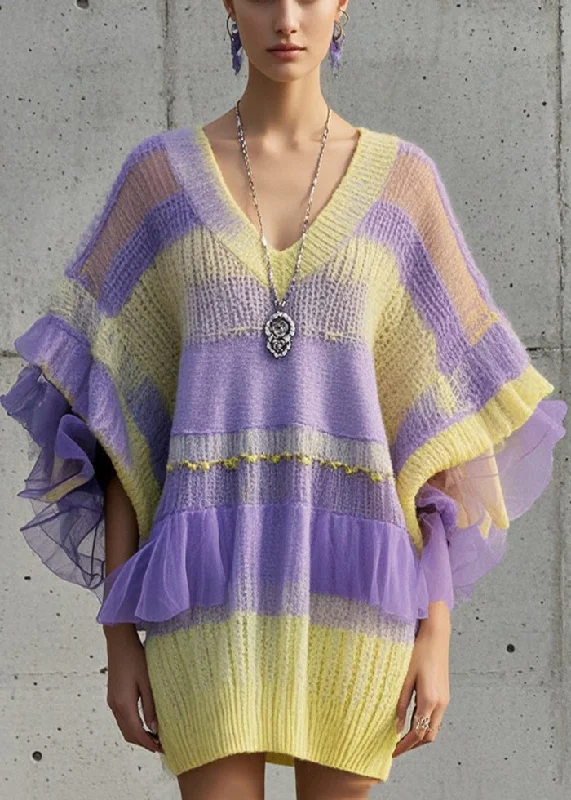 Women's Vintage Clothes Artful Design Women Gradient Color Oversized Patchwork Tulle Sweater Dress Fall