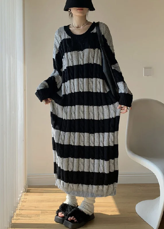 Casual Apparel For Women Fashion Forward New Grey Striped O Neck Cotton Knit Knitwear Dress Spring