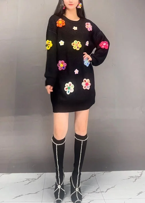 Women's Clothing Apparel Stylish Savings Chic Black O Neck Floral Patchwork Knit Dress Fall