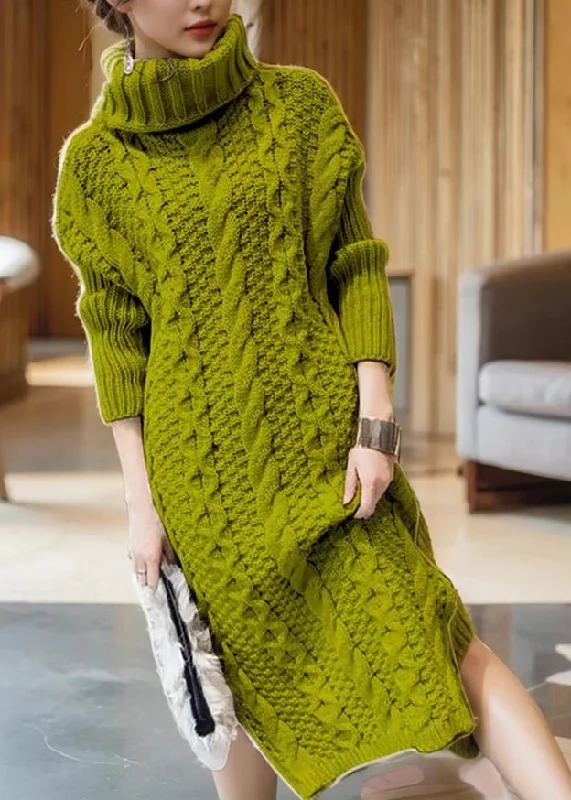 Women's Resort Garments Chic Outfits Handmade Green Turtleneck Cozy Thick Cotton Knit Long Sweater Dress Winter