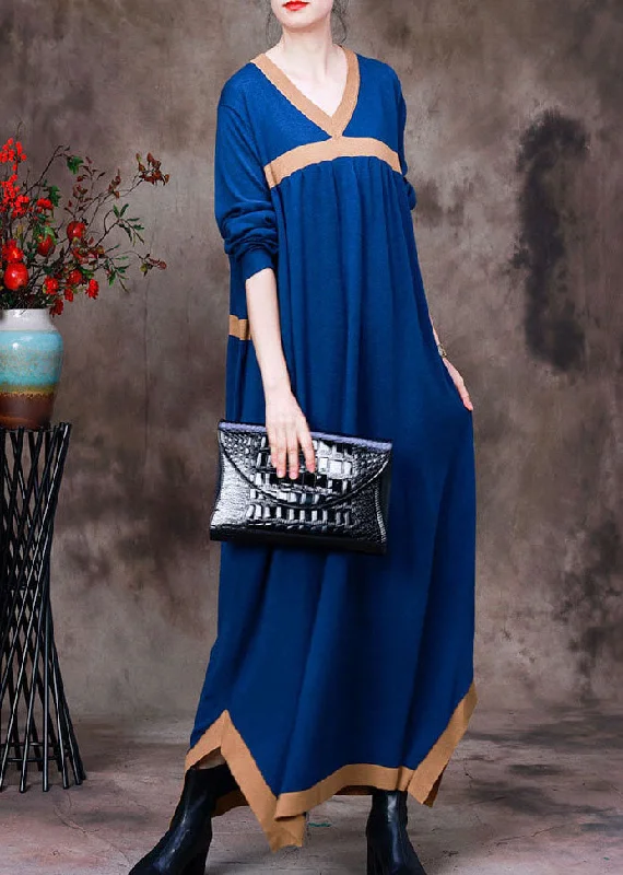 Women's Formal Event Clothing Grab Romantic Date - Night Styles Now Blue Patchwork Knit Vacation Dresses Asymmetrical Long Sleeve