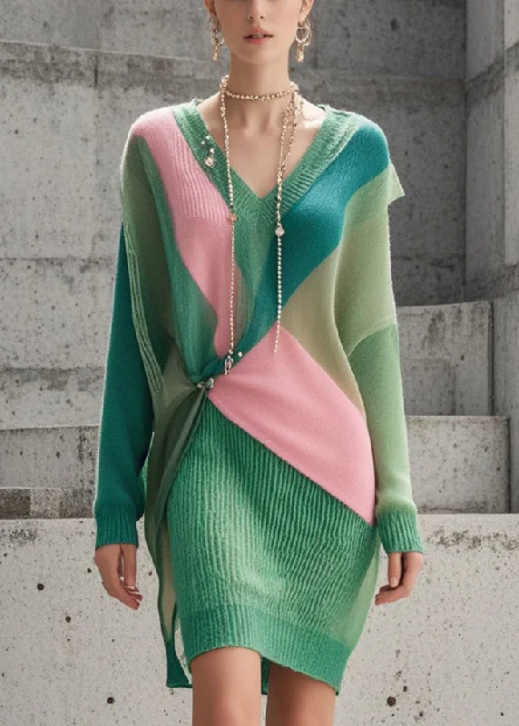 Women's Relaxed Clothes Subtle Sophistication Silm Fit Green Asymmetrical Patchwork Knitwear Dress Fall