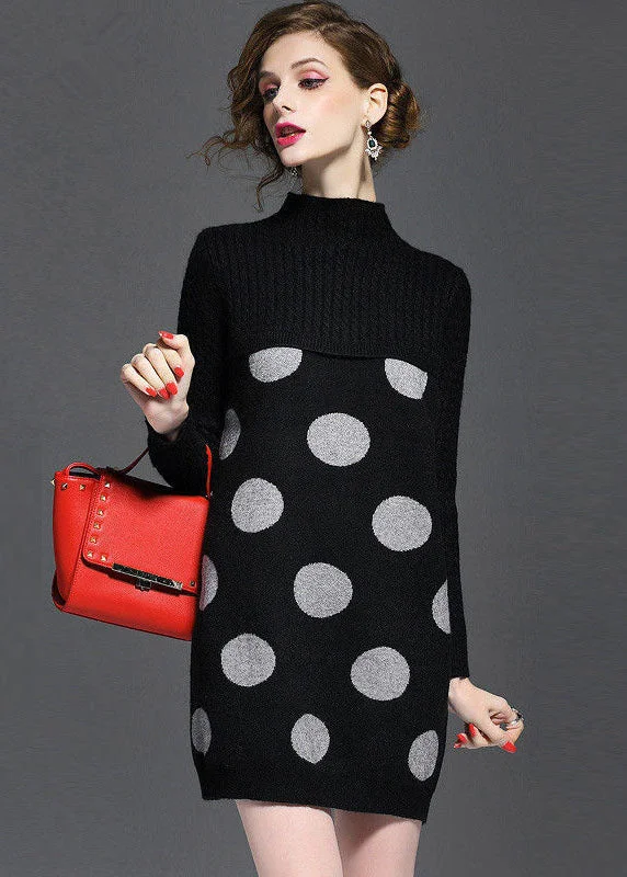 Comfortable Outfit For Women Mother'S Day Special Black Patchwork Knitwear Dress Stand Collar Dot Print Long Sleeve