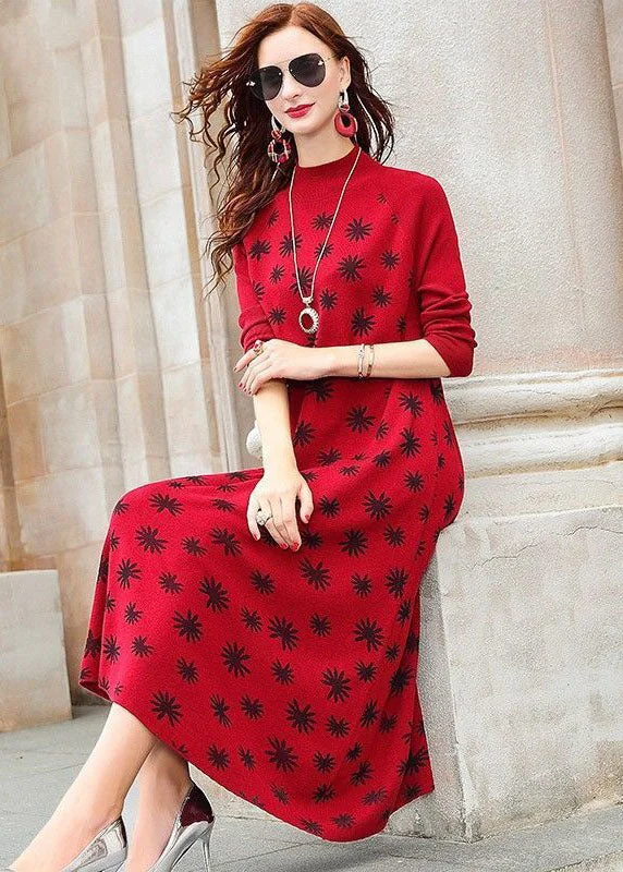 Women's Elegant Formal Outfit Latest Trends Modern Red High Neck Print Exra Large Hem Fine Knitted Long Dress Long Sleeve