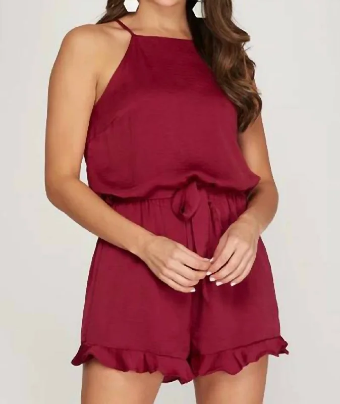 Women's Weekend Outfit Bold Fashion Ruffle Romper In Burgundy