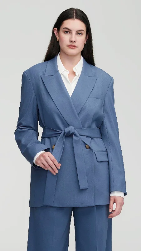 Women's Stylish Vacation Attire Hot Sale Belted Blazer in Seasonless Wool | Pigeon Blue