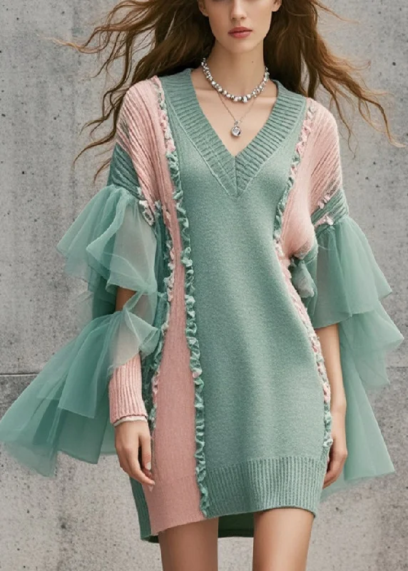 Casual Chic Women's Clothes Charming Silhouette DIY Green Ruffled Patchwork Tulle Long Sweater Fall