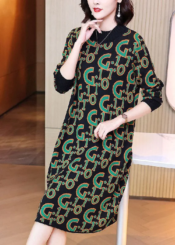 Women's Evening Wear Outfit Trendy Styles Black Letter Print Knit Long Knit Dress Oversized Long Sleeve