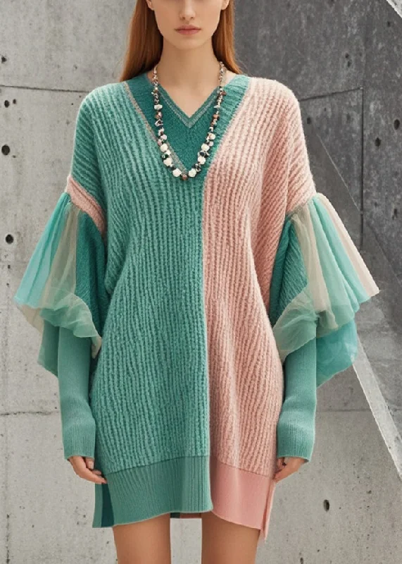 Luxury Women's Clothes Modern Romance Style Colorblock Oversized Patchwork Side Open Tulle Sweater Dress Fall