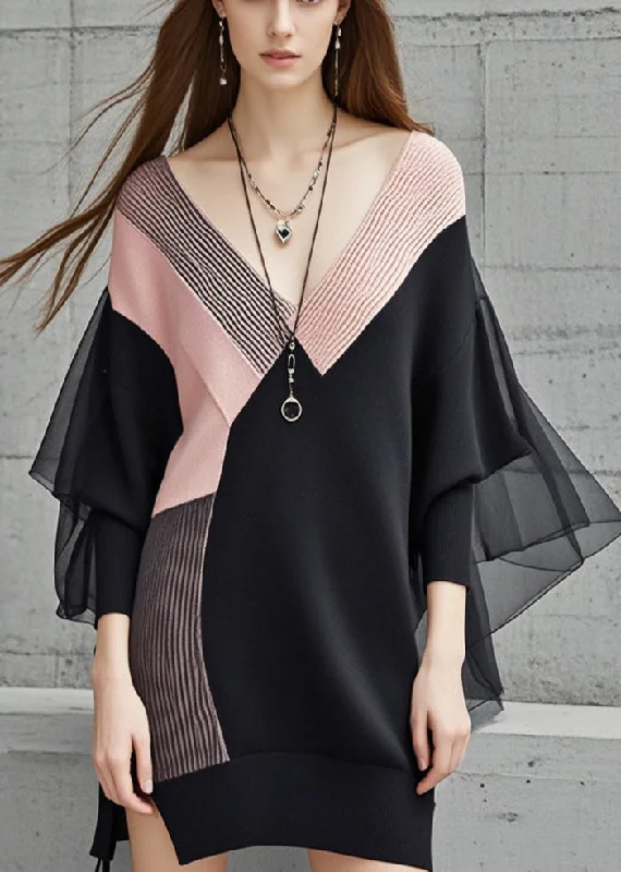 Women's Casual Wear Clothing Parisian Effortless Chic Style Black Patchwork Tulle Long Sweater V Neck Batwing Sleeve