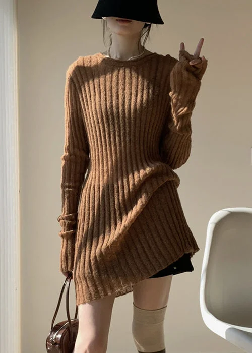 Women's Functional Outdoor Garments Season Sale Coffee Solid Loose Knit Sweater Mid Dress O-Neck Spring