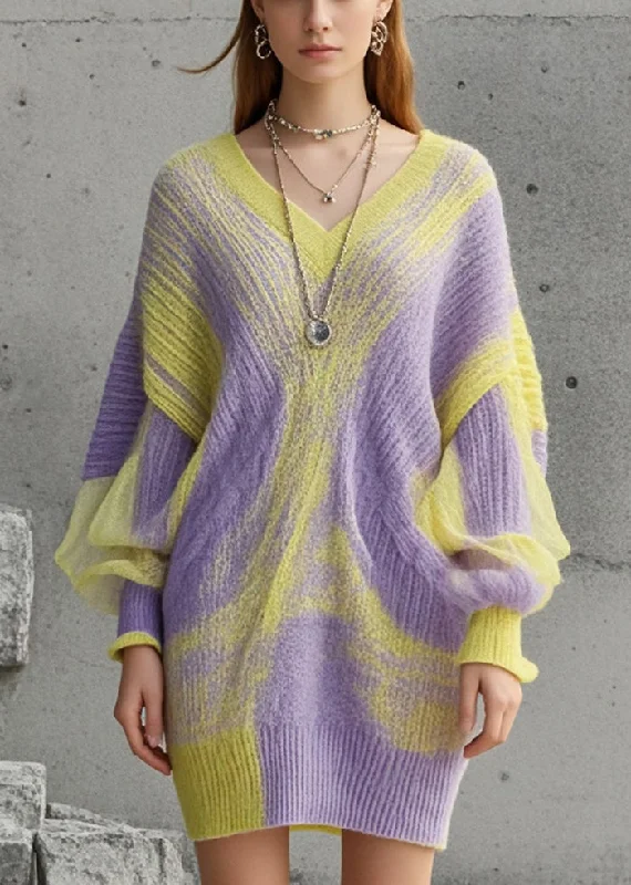 Women's Casual Wear Clothes Bold Silhouette French Purple Oversized Tie Dye Long Sweater Batwing Sleeve