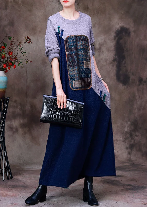 Charming Everyday Clothing For Women Great Deals On Ethnic Cultural Wear Women Grey Blue Patchwork Oriental Button Knit Sweater Dress Long Sleeve