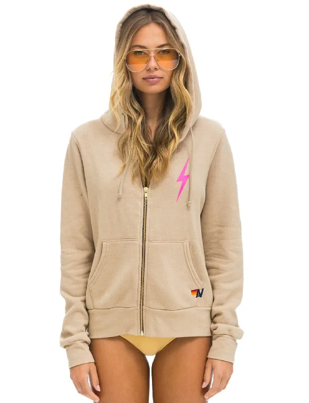 Women's Fashion-Forward Apparel Feminine Flow Bolt 2 Zip Hoodie, Sand/Neon Pink