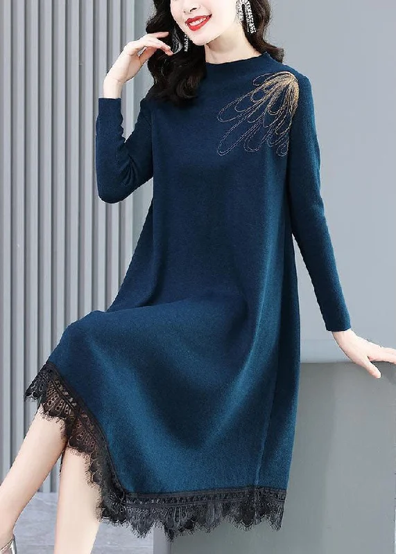 Women's Cozy Outfit For Lounging Chic Outfits Casual Blue High Neck Lace Patchwork Knit Sweater Dress Long Sleeve