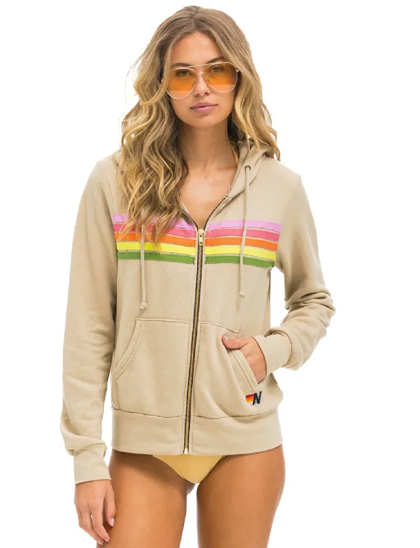 Women's Clothing Sets Y2K Nostalgic Fashion Look 5 Stripe Zip Hoodie, Sand/Pink Green