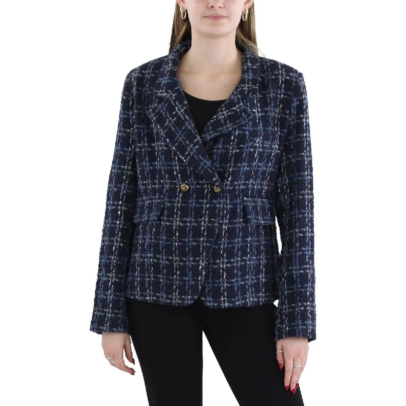 Women's Vintage Attire Fashion Forward Womens Plaid Tweed Double-Breasted Blazer