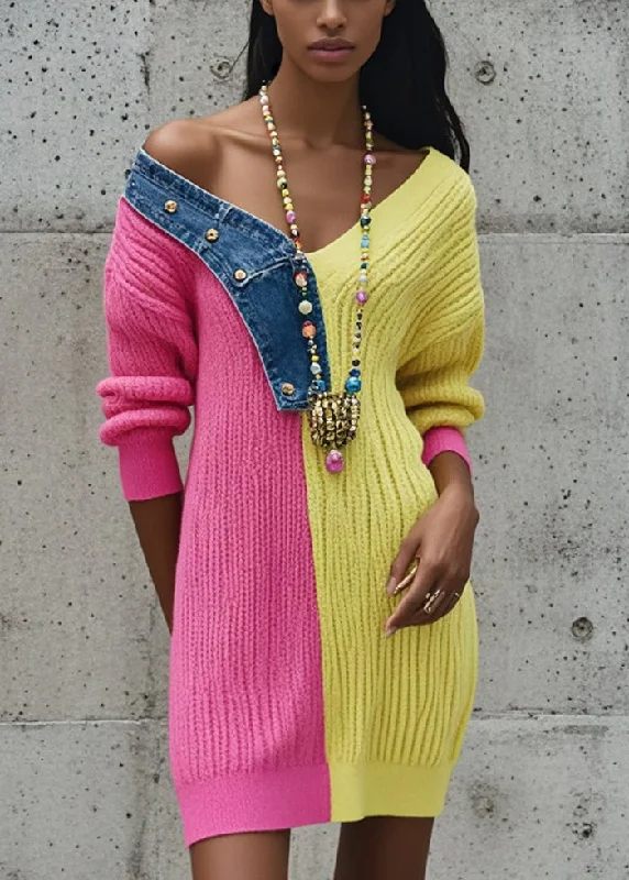 Women's Trendy Clothes Vintage Charm Bohemian Rose Asymmetrical Patchwork Denim Knitted Dress Fall