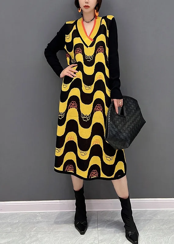 Trendy Athleisure Clothing For Women Mid - Week Surprise Plus Size Yellow V Neck Striped Patchwork Knit Dress Fall