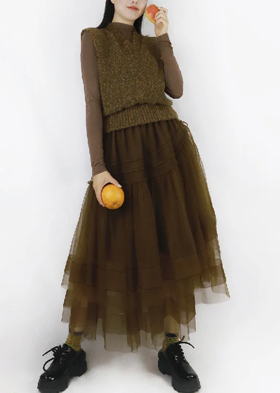 Women's Seasonal Clothing Disco - Inspired Retro Dance Look Chocolate V Neck Drawstring Tulle Patchwork Knit Long Dress Fall