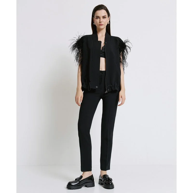 Women's Stylish Casual Garments Special Offer Access Fashion Black Sleeveless Jacket With Feathers