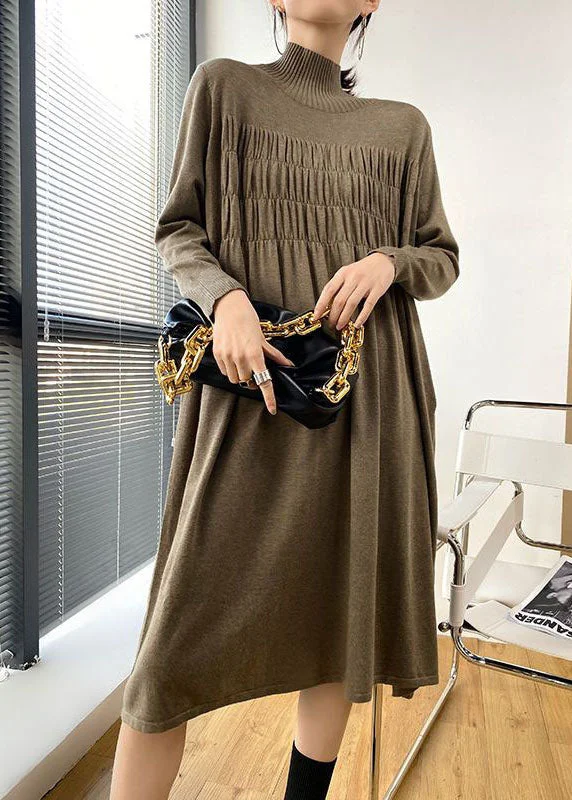 Casual Attire For Women Summer Fashion Stylish Khaki High Neck Oversized Wrinkled Knit Dresses Spring