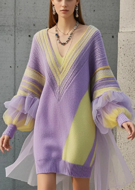 Fashionable Women's Clothes Polished Finish Fine Purple Oversized Patchwork Tulle Long Sweater Fall