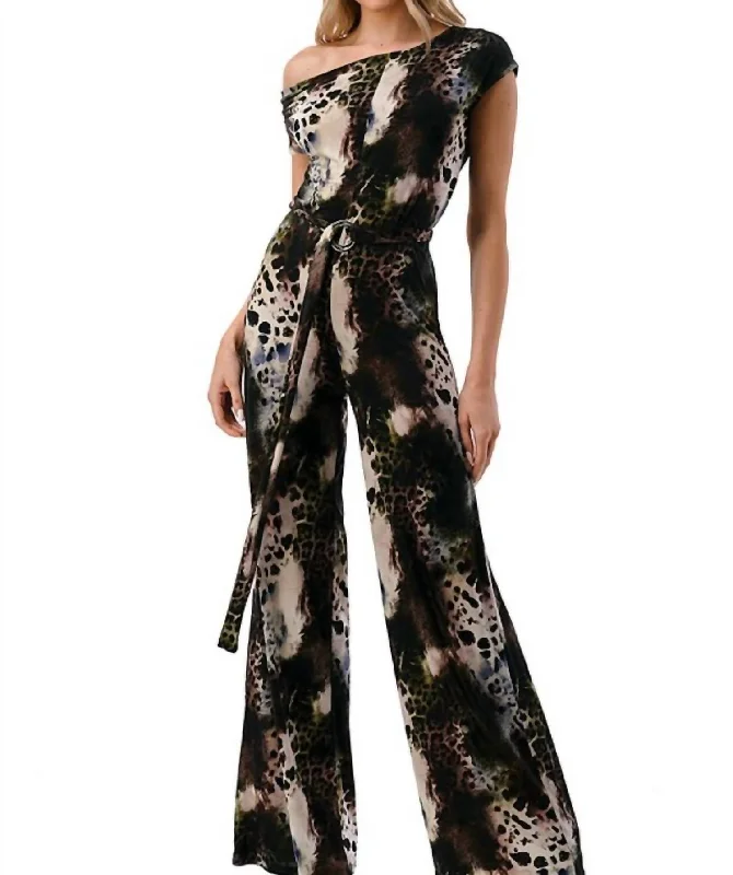 Timeless Women's Clothing Cool Prices Off The Shoulder Belted Jumpsuit In Animal Print