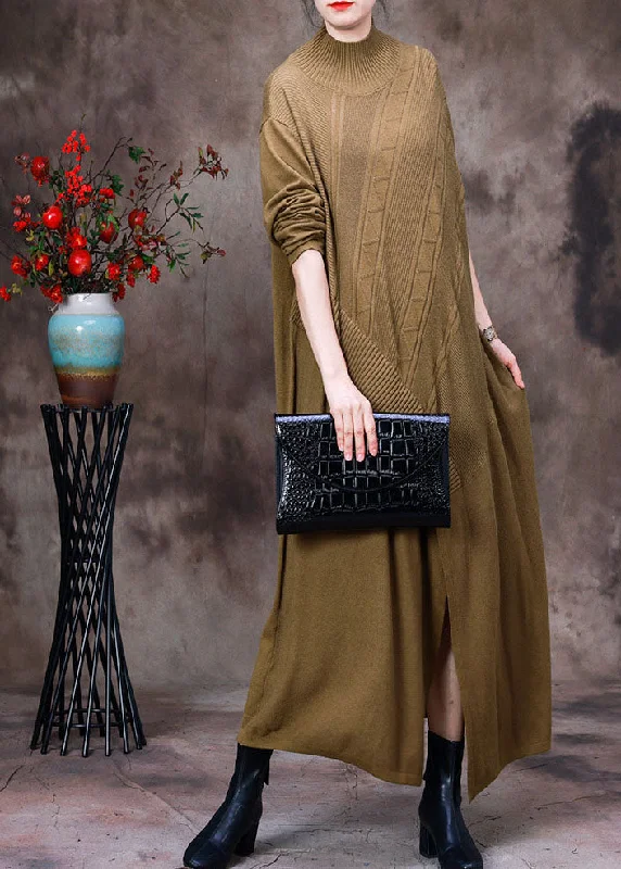 Women's Transitional Outfit Seasonal Fashion Women Yellow Turtle Neck Asymmetrical Side Open Knit Long Sweater Winter