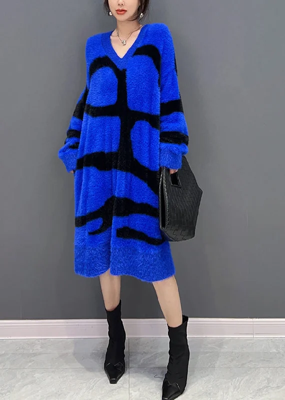 Women's Casual Clothing For Lounging Buy More, Save More Novelty Blue V Neck Striped Mink Velvet Maxi Dress Fall