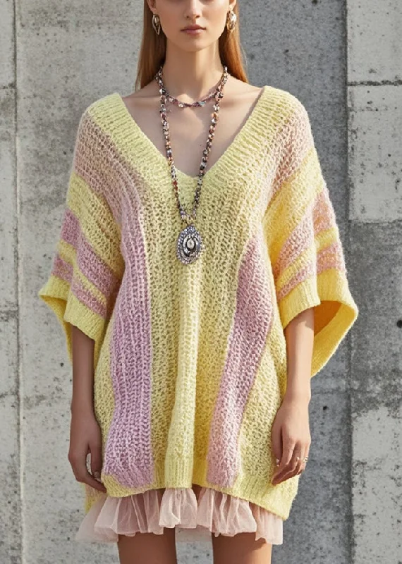 Women's Seasonal Clothes Flowy Fabric DIY Yellow Oversized Patchwork Tulle Knit Dress Batwing Sleeve